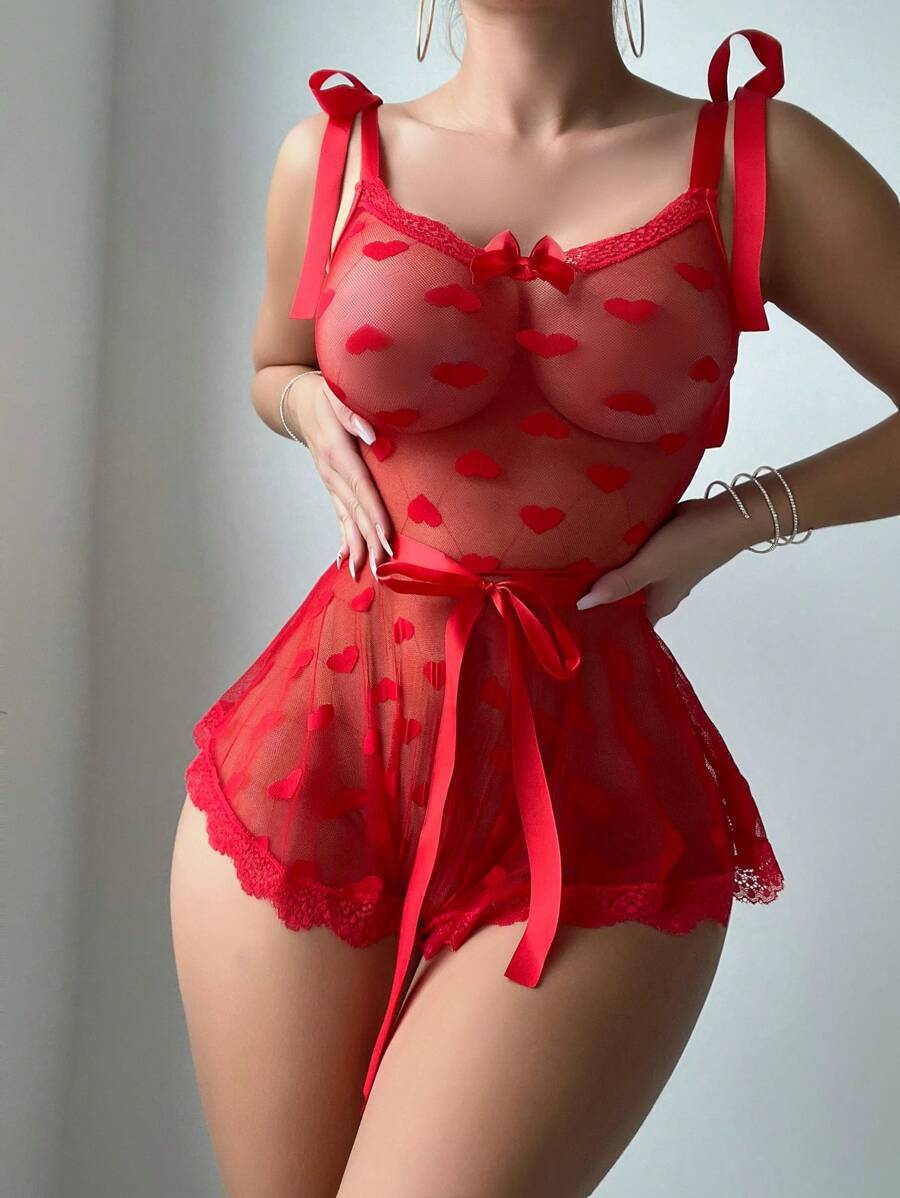 Lyrafeya Lace & Mesh Heart-Print Corset Bodysuit for Women