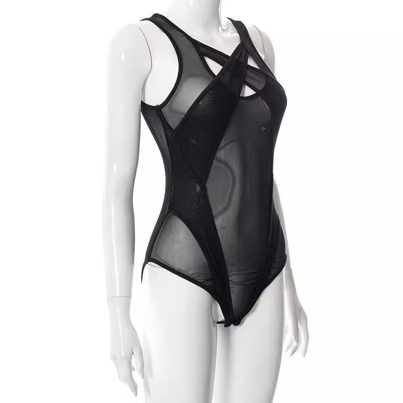 Lyrafeya Mesh Halter Neck Bodysuit for Women