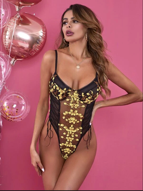 Lyrafeya Mesh Embroidered Loungewear Bodysuit for Women