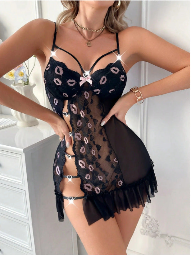 Lyrafeya Mesh Embroidered Cutout Strappy Slip Dress for Women