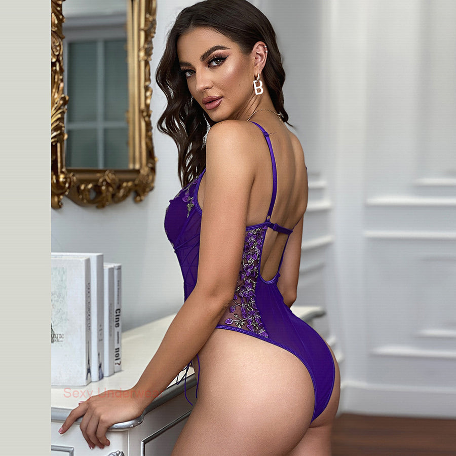 Lyrafeya Mesh Embroidered Loungewear Bodysuit for Women