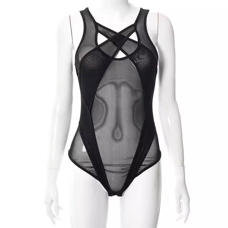 Lyrafeya Mesh Halter Neck Bodysuit for Women
