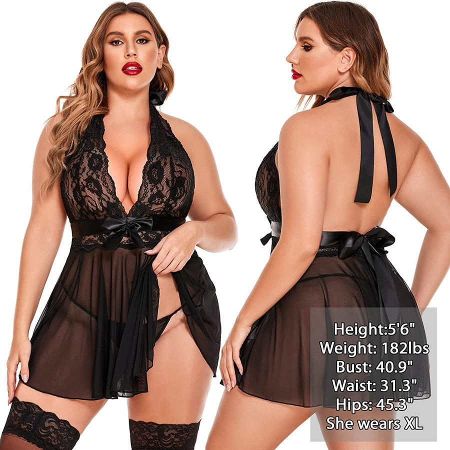 Lyrafeya Mesh Bow Halter-Neck Slip Nightdress for Women