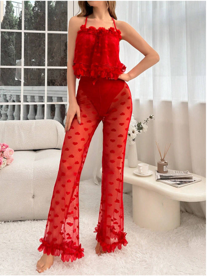 Lyrafeya Mesh Heart-Print Cami & Wide-Leg Pants Set for Women