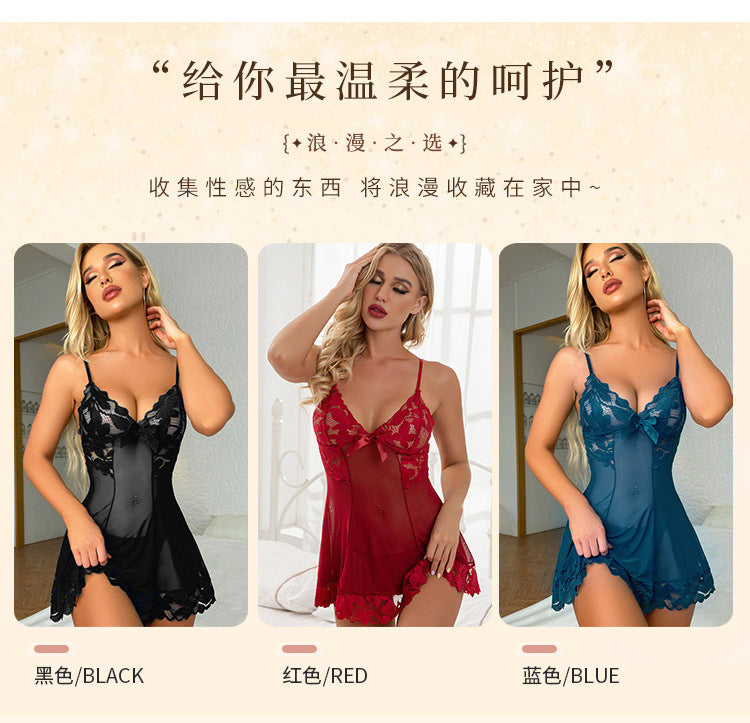 Lyrafeya Lace & Mesh Strappy Slip Nightdress for Women
