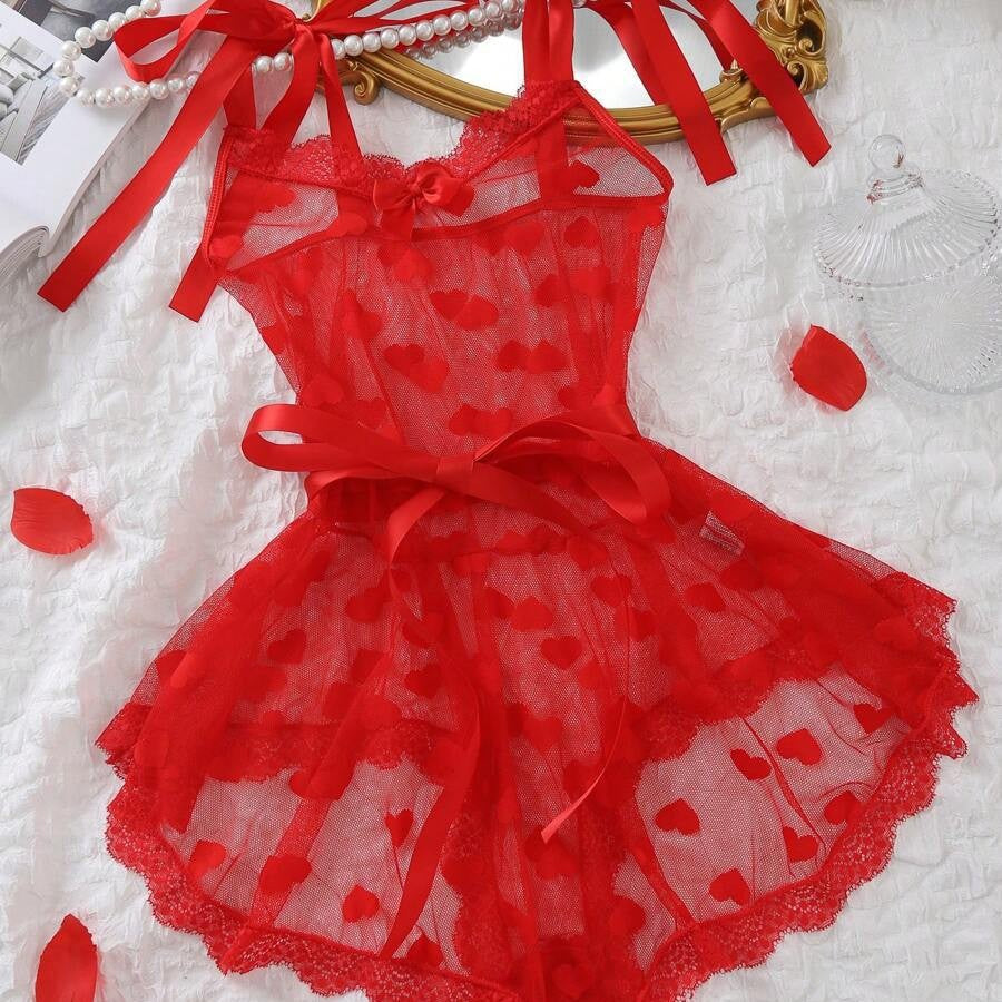 Lyrafeya Lace & Mesh Heart-Print Corset Bodysuit for Women