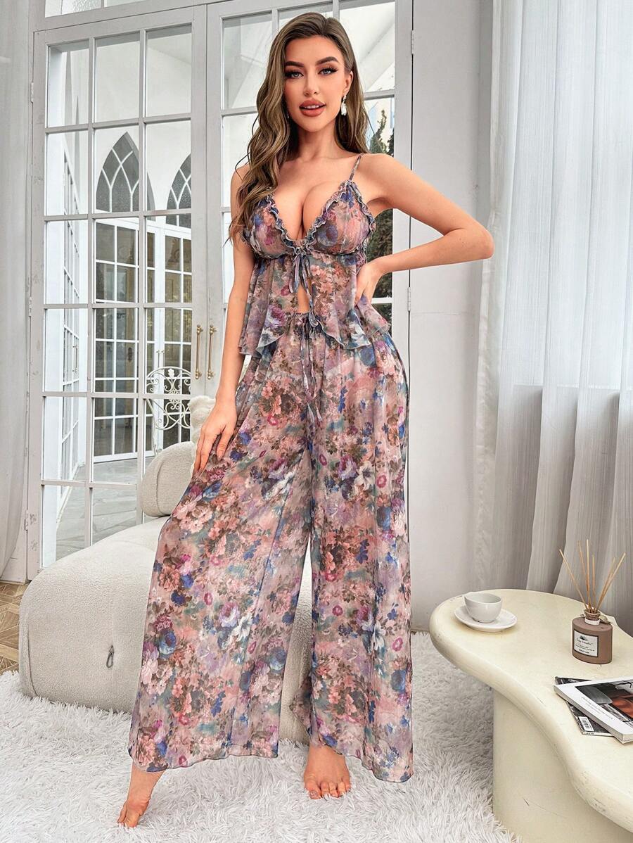 Lyrafeya Mesh Floral-Print Cami & Wide-Leg Pants Set for Women