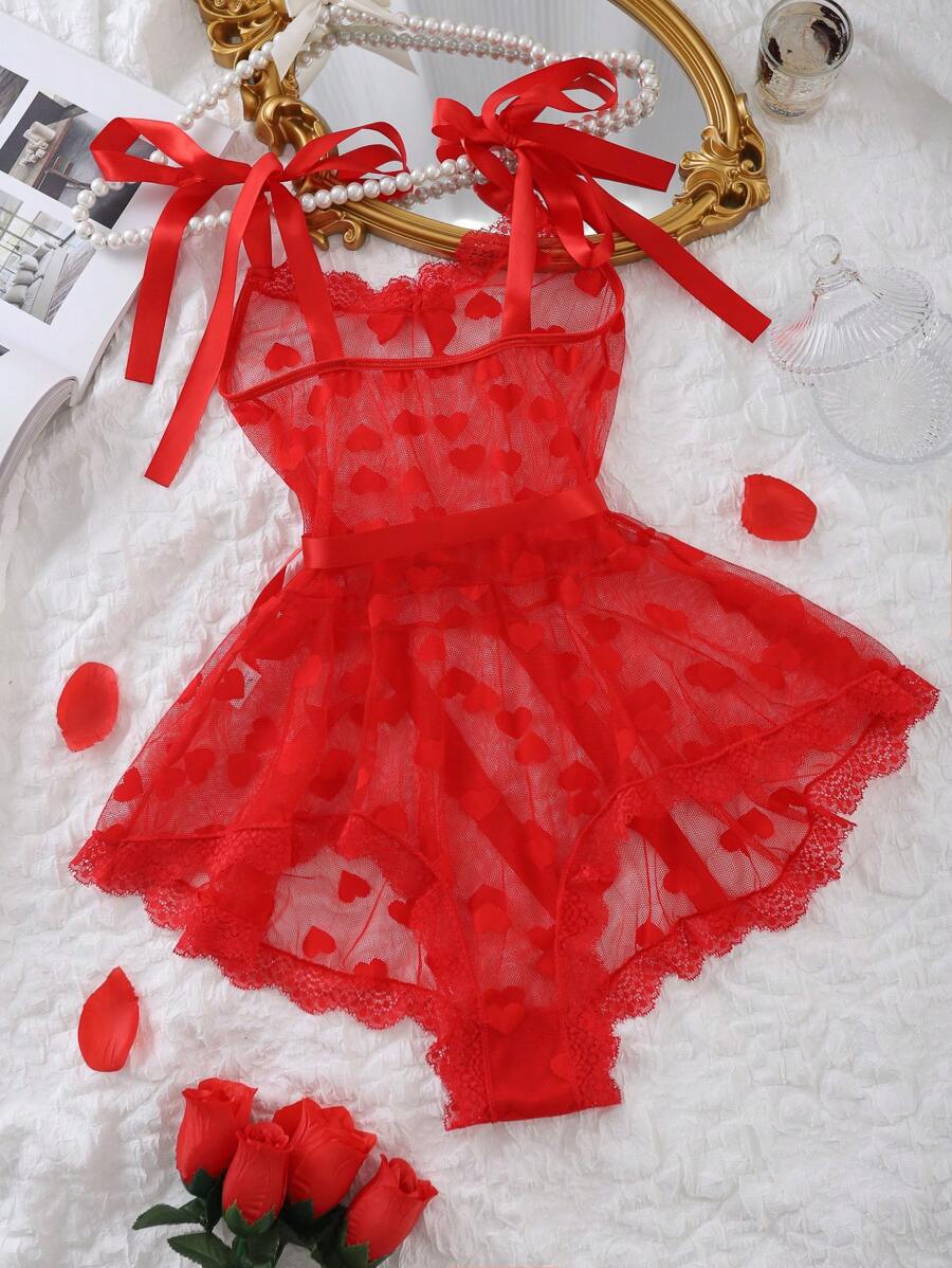 Lyrafeya Lace & Mesh Heart-Print Corset Bodysuit for Women