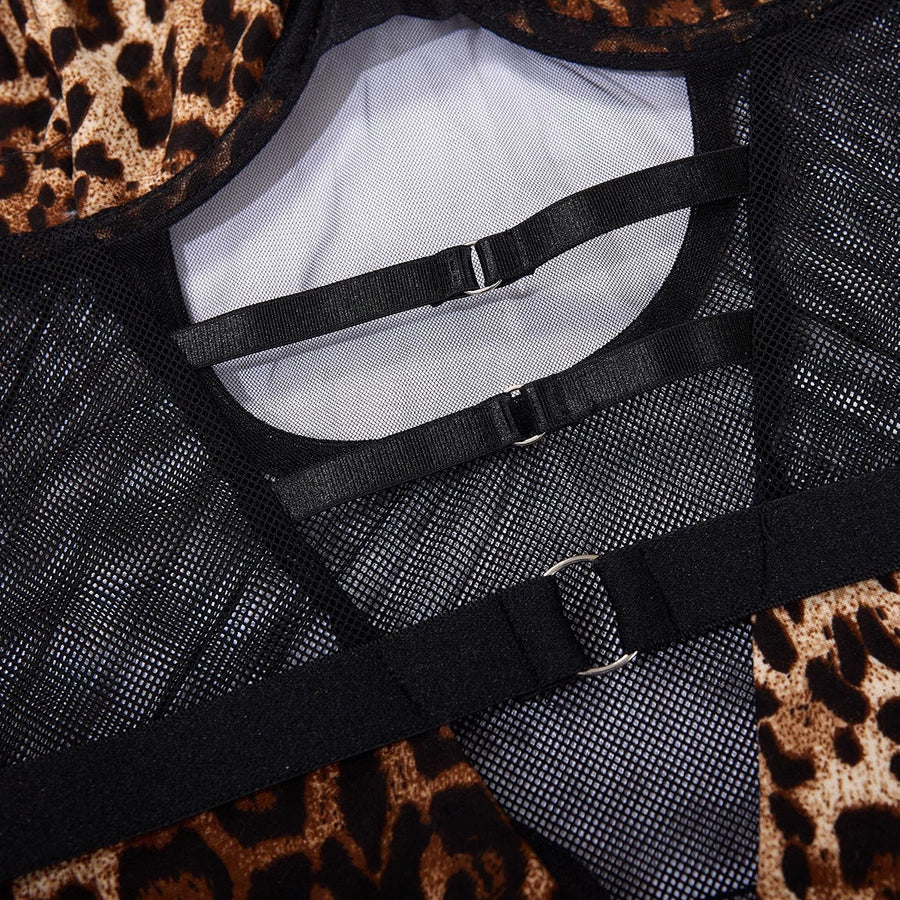 Lyrafeya Mesh Leopard Print Strappy Bodysuit for Women
