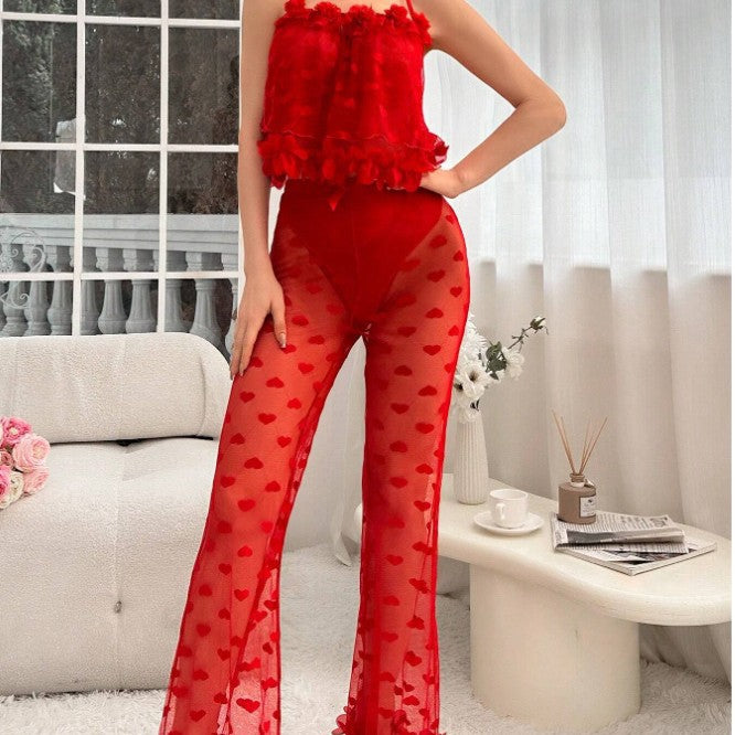 Lyrafeya Mesh Heart-Print Cami & Wide-Leg Pants Set for Women