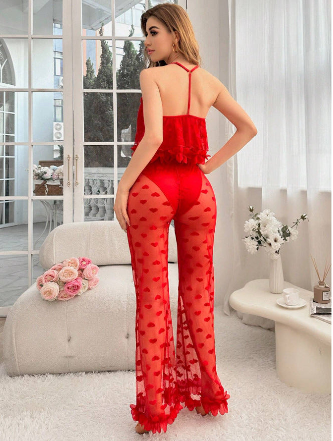 Lyrafeya Mesh Heart-Print Cami & Wide-Leg Pants Set for Women