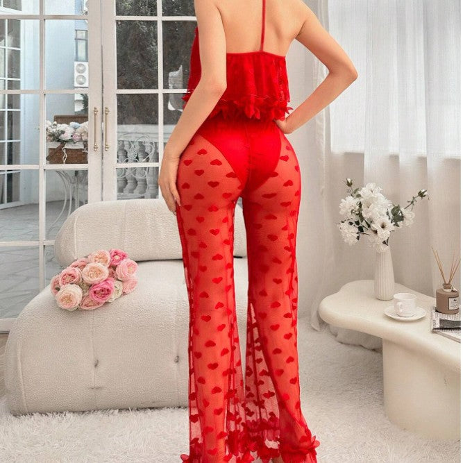 Lyrafeya Mesh Heart-Print Cami & Wide-Leg Pants Set for Women