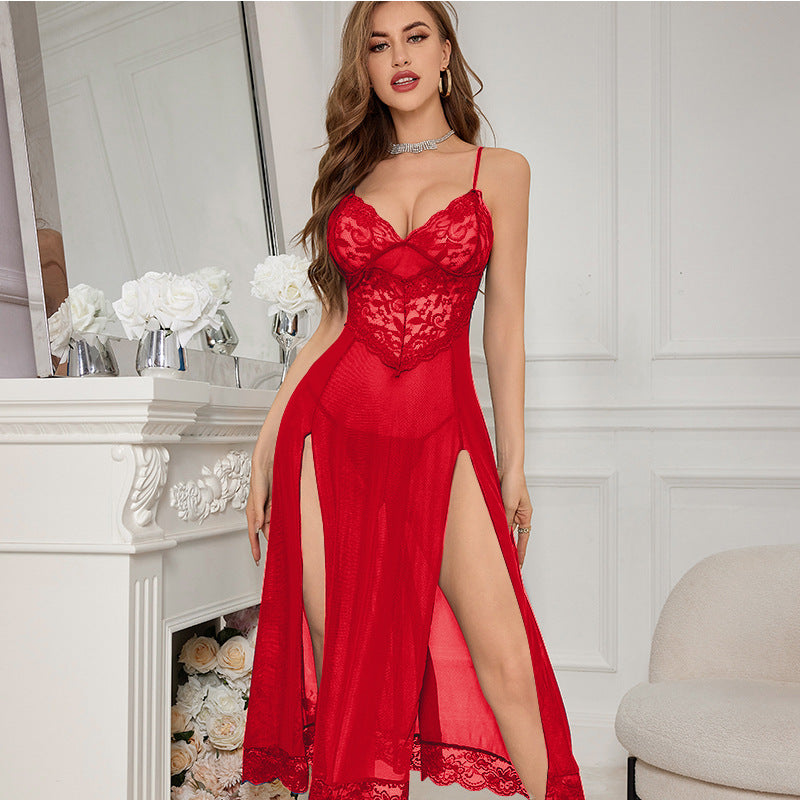 Lyrafeya Lace & Mesh High-Slit Maxi Nightdress for Women
