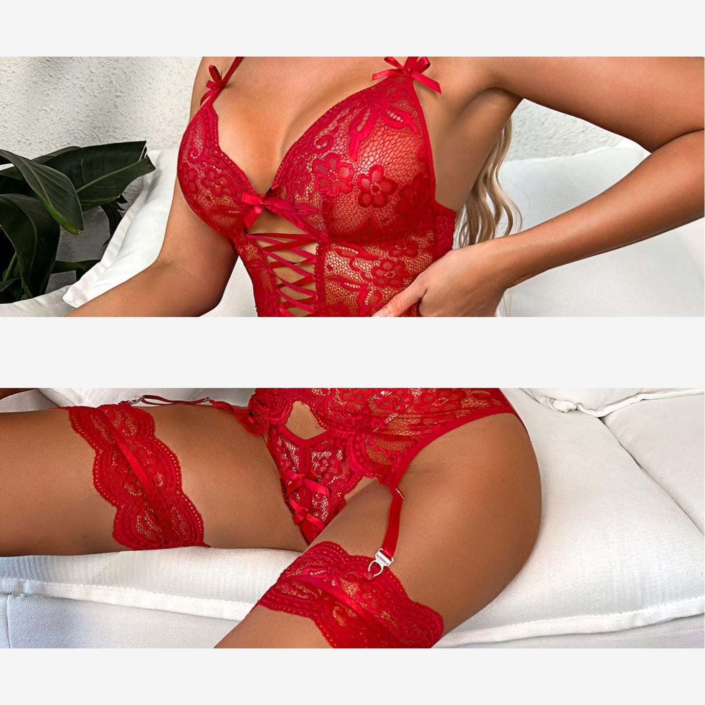 Amazon Summer Sexy Lingerie, Seductive Lace, Sheer, Backless, Deep-Cut V Women'S Lingerie Set