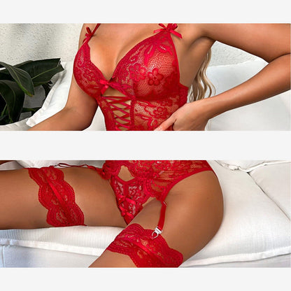 Amazon Summer Sexy Lingerie, Seductive Lace, Sheer, Backless, Deep-Cut V Women'S Lingerie Set