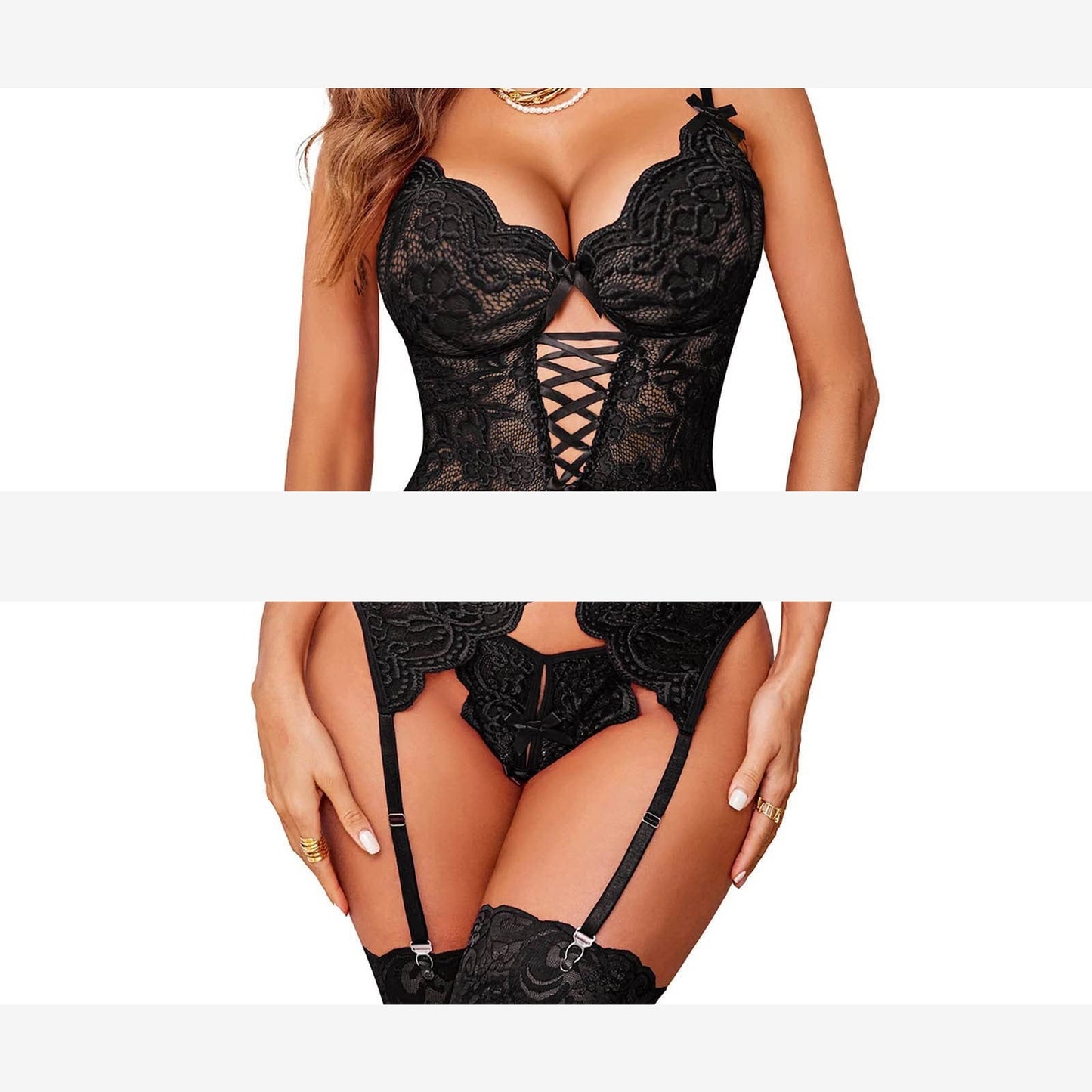 Amazon Summer Sexy Lingerie, Seductive Lace, Sheer, Backless, Deep-Cut V Women'S Lingerie Set