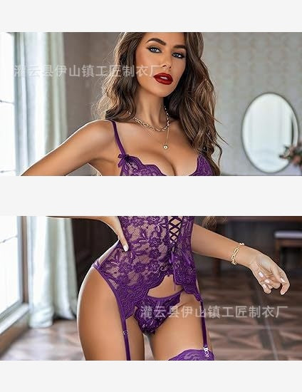 Amazon Summer Sexy Lingerie, Seductive Lace, Sheer, Backless, Deep-Cut V Women'S Lingerie Set