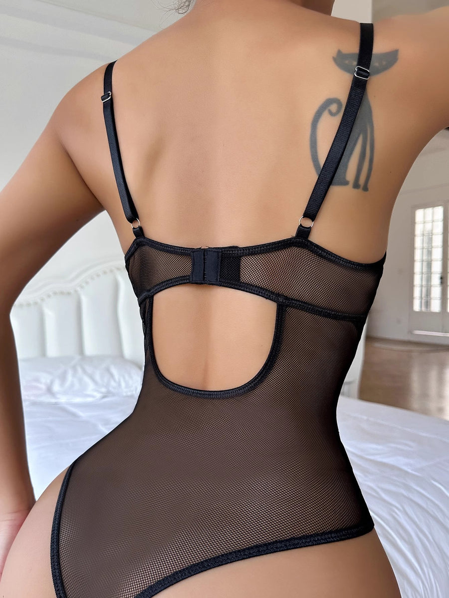 Lyrafeya Mesh Leopard Print Strappy Bodysuit for Women