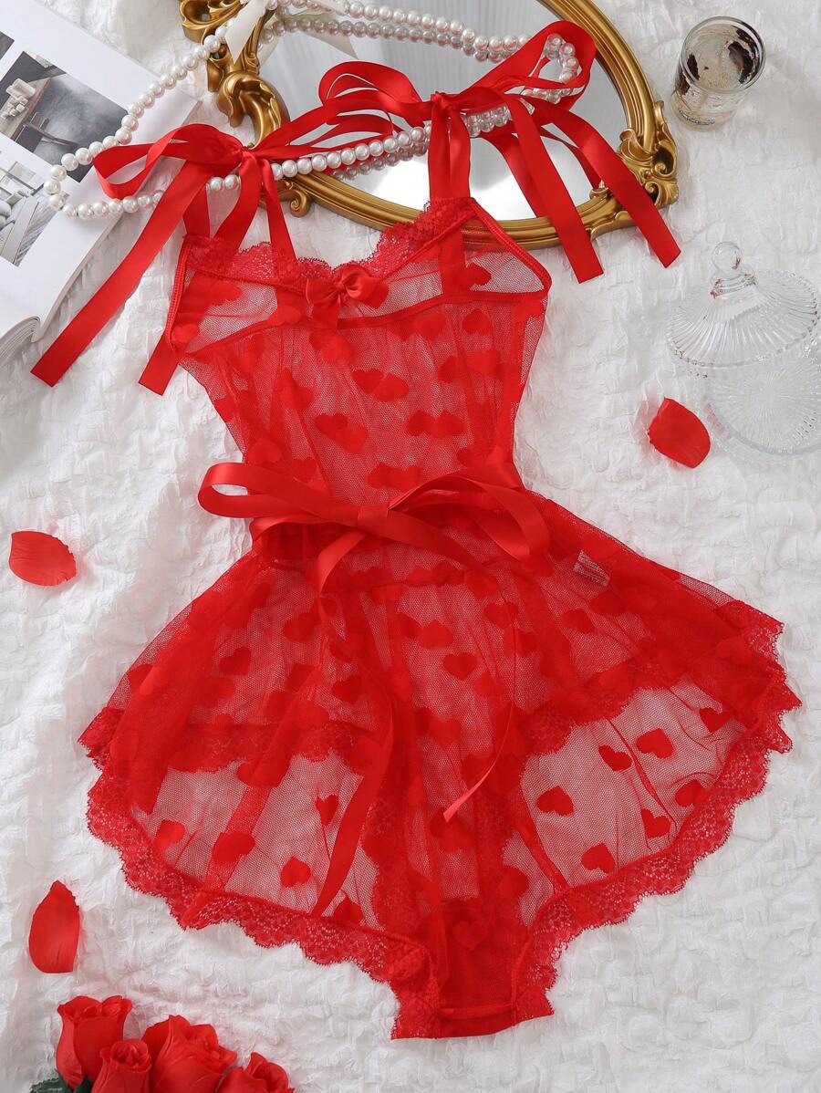 Lyrafeya Lace & Mesh Heart-Print Corset Bodysuit for Women